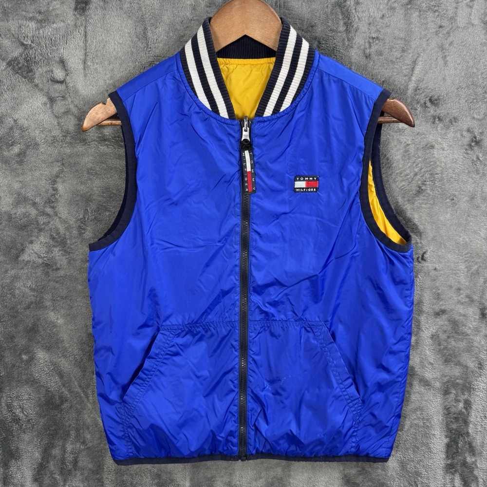 Tommy Hilfiger Reversible Vest Mens M Blue Yellow Nylon Windbreaker 68 Y2K